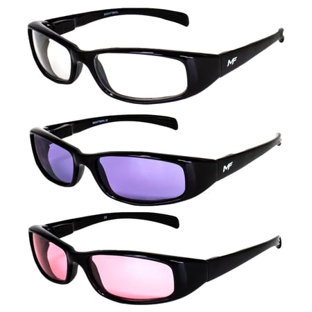 3 Pairs of MF Eyewear Bad Attitude Motorcycle Glasses Shatterproof Polycarbonate Black Frame UV400 Filter Scratch-Resistant Motorcycle Riding Glasses Clear Purple & Rose Lenses