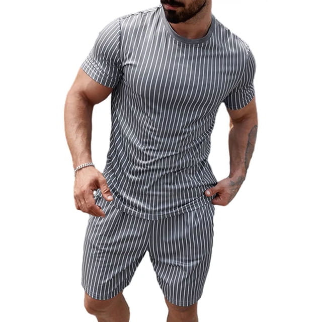 Hombres Playera Y Pantalones Cortos Con Estampado De Rayas