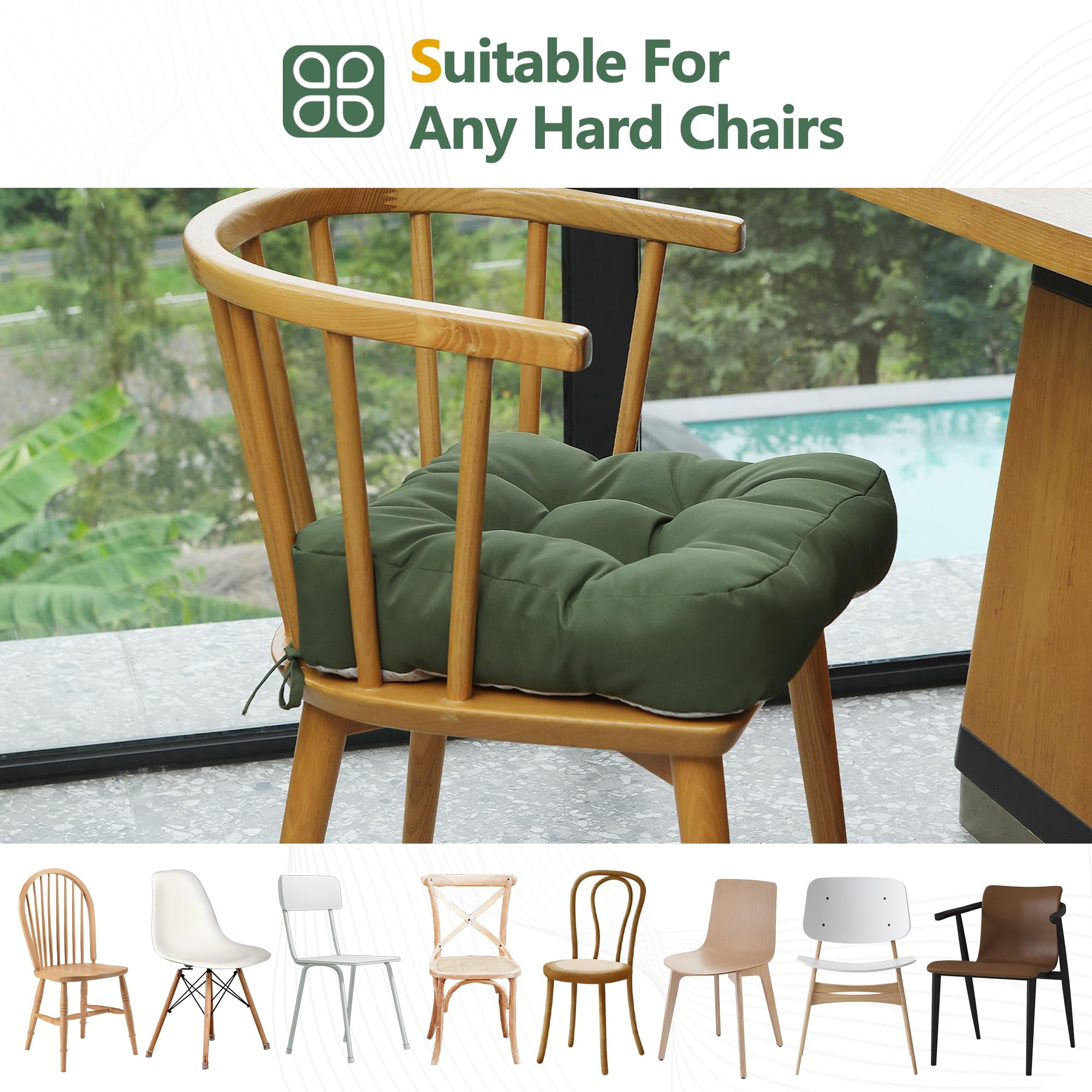 Chair Cushions for Dining Chairs Set of 2, 16.5" x 16.5" Tufted Memory Foam Seat Cushions, 3.5" Thick Olefin Fabric Kitchen Chair Pads with Ties & Non-Slip Backing, Deep Green