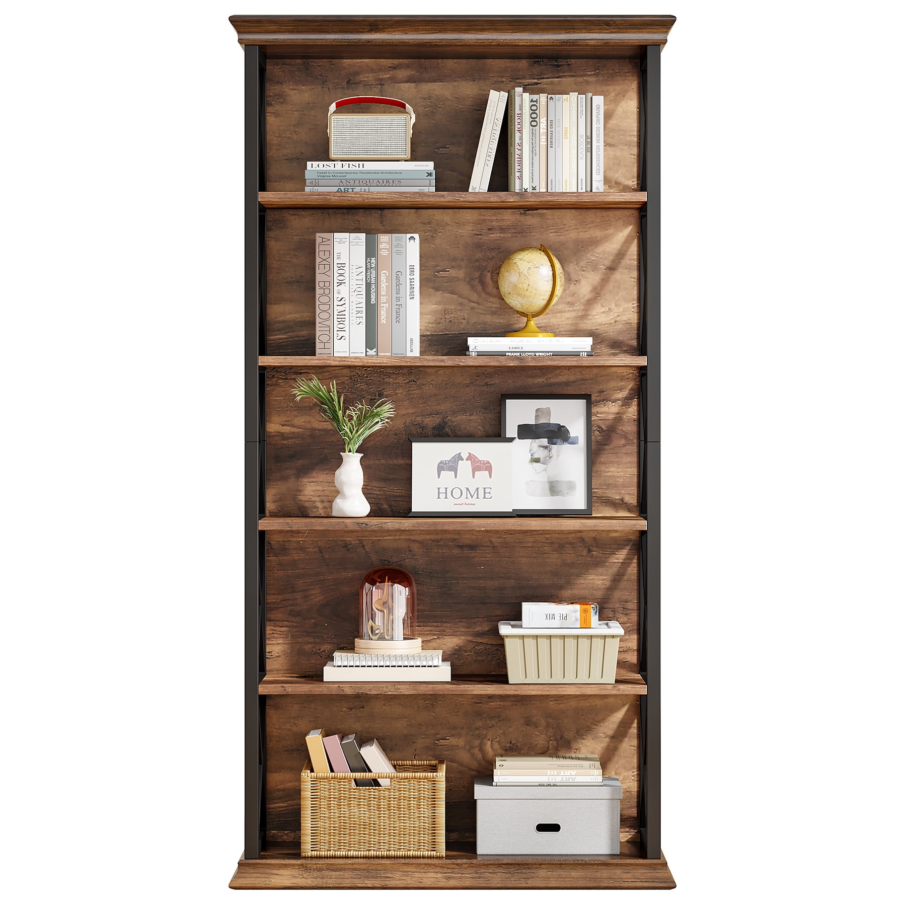 Fnova 71" 5-Tier Tall Bookshelf, Industrial Wood Bookcase with Metal Frame, Floor Standing Display Storage Shelves for Home Office, Living Room, Bedroom