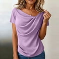 thumbnail image 2 of Women's Casual Solid Color Pleated Short Sleeve Round Neck Tops Blouses Shirts Loose Fit Soft Business Office Work Vacation Travel Fashion Essential Gift for Women | CSEONE,Purple L, 2 of 8