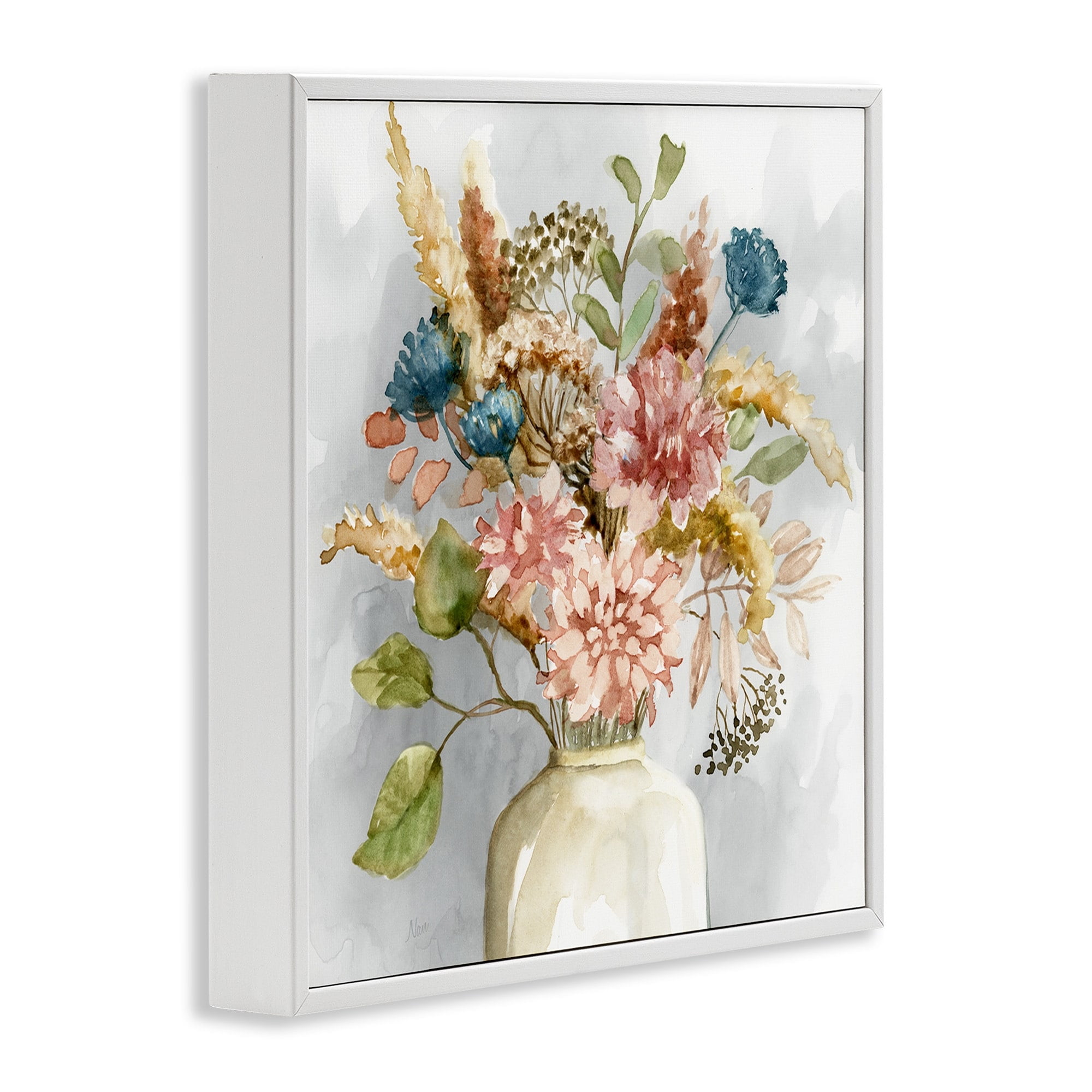 Stupell Industries Wildflower Watercolor Bouquet Country Vase Floral Painting White Framed Art Print Wall Art, 12x12, by Nan