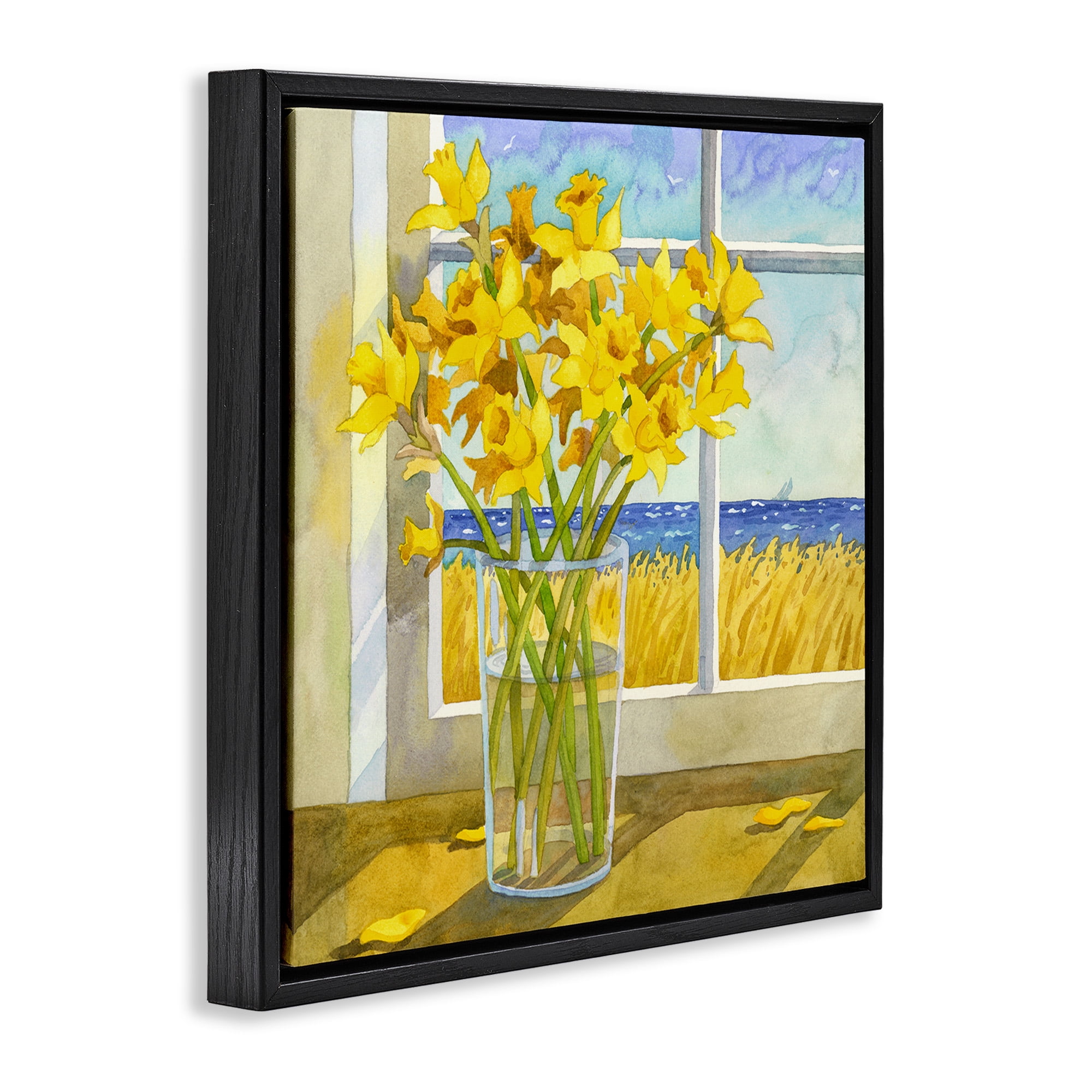 Stupell Industries Daffodils in Seaside Window Botanical & Floral Painting Black Floater Framed Canvas Art Print Wall Art, 18 x 18