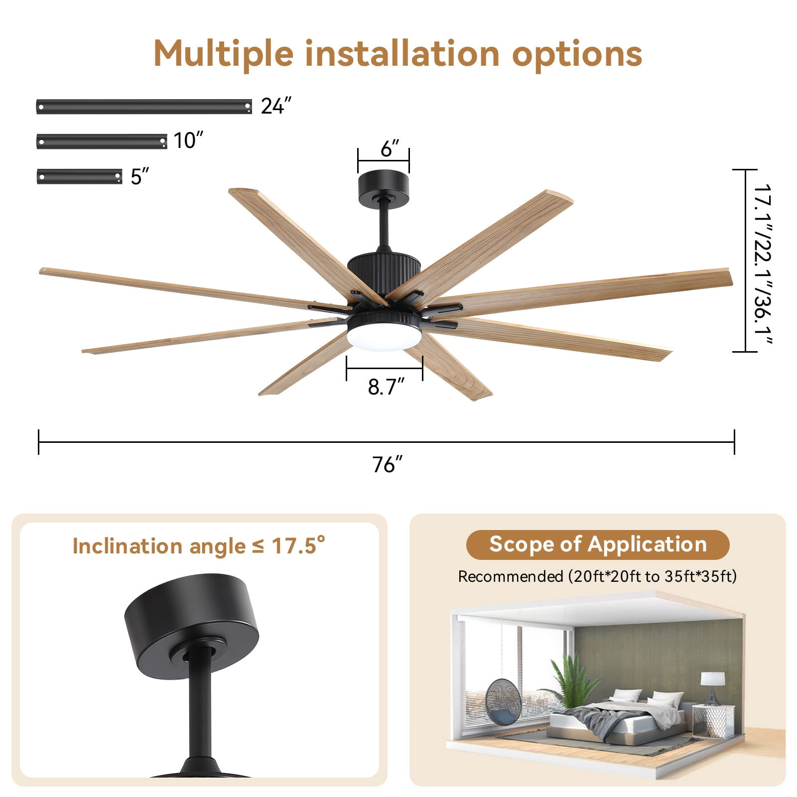Sofucor 76 Inch Solid Wood Ceiling Fan with Remote, App Control, Alexa Google