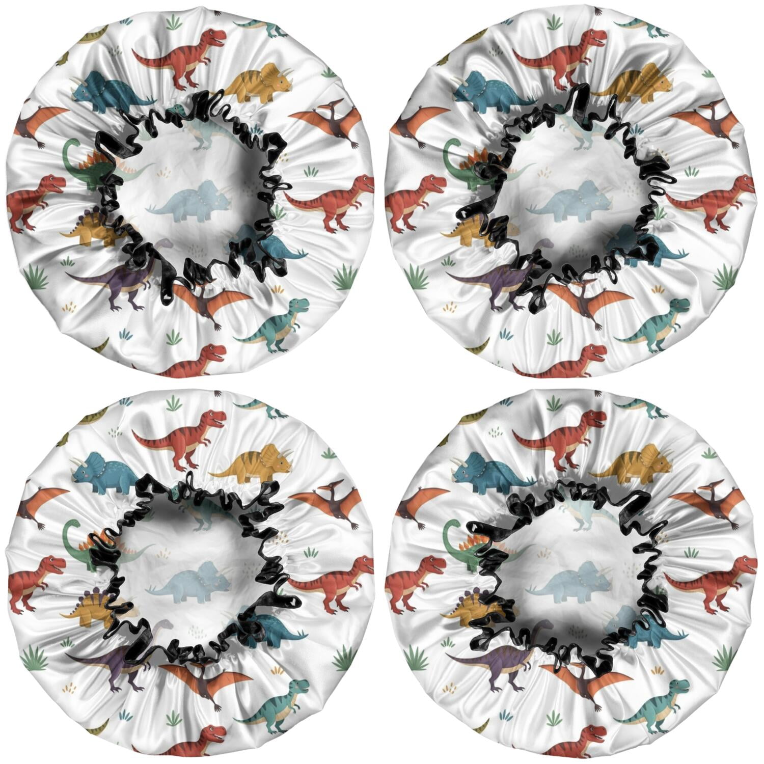 Shower Caps,White Dinosaurs Pterosaurs Plants Pattern Waterproof Shower Cap for Women 4 Pieces,Double Reusable Hair Cover for Shower PEVA Elastic Stretch Hem