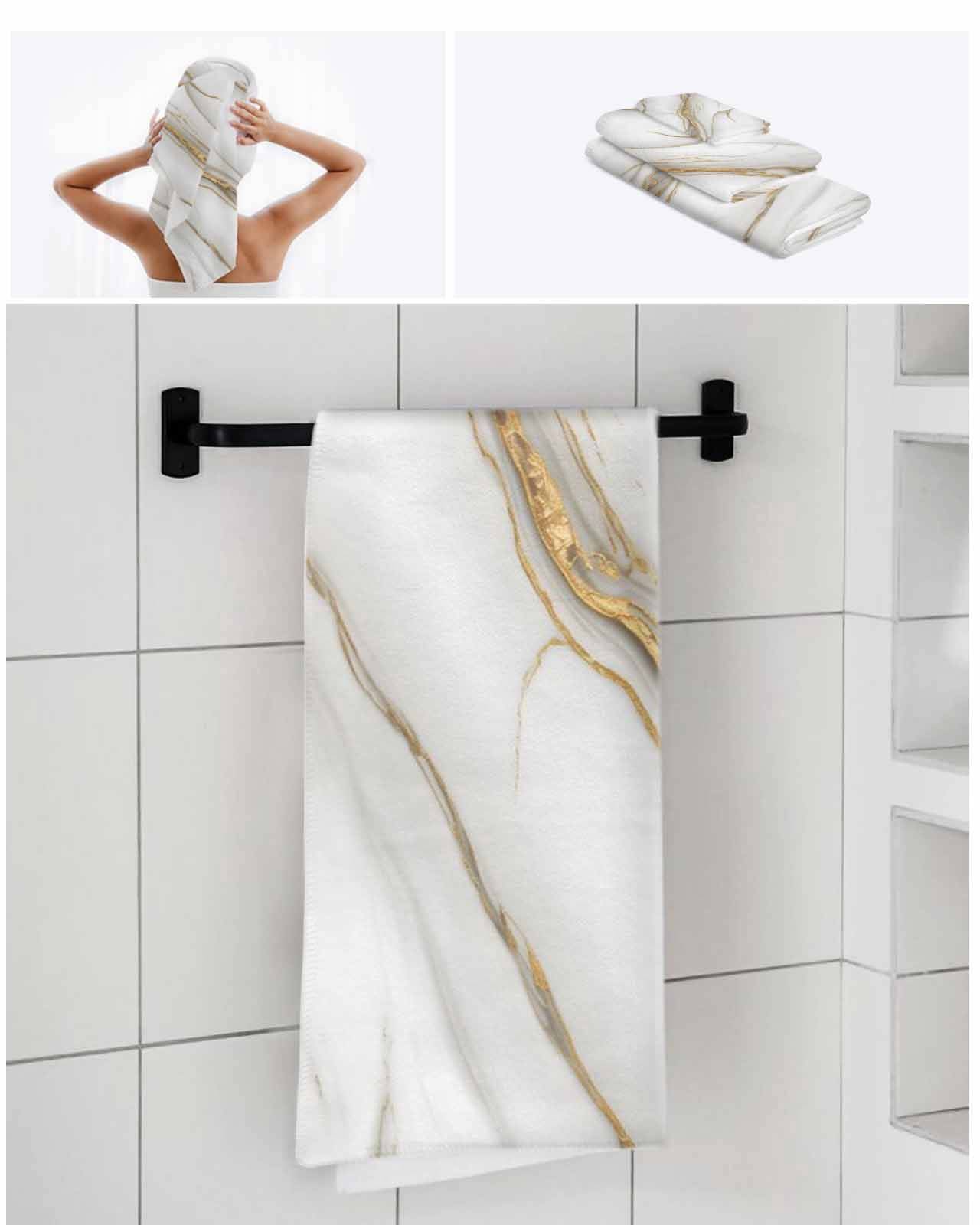 White Golden Marble Towel Set of 3, Soft Microfiber Bath Towels, Hand Towel, Washcloths, Modern Abstract Art Marble Crack Quick-Dry Absorbent Towels for Bathroom Kitchen Hotel Beach Gym Spa