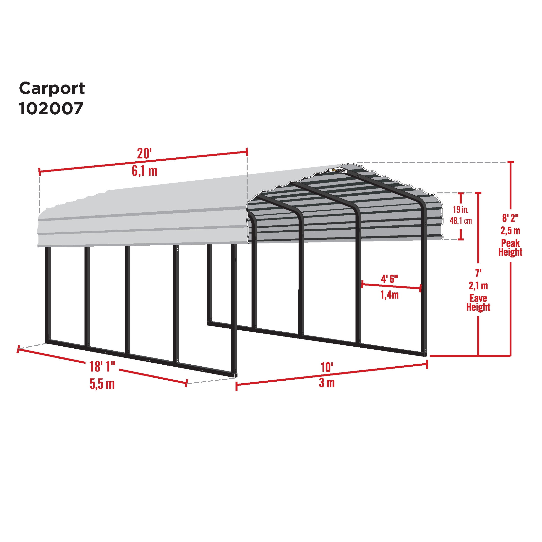 Arrow 10 x 20 x 7 ft Charcoal Carport