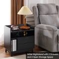 thumbnail image 2 of Mid Century Nightstand with USB C Charging, Black LED Bedside Table, Large End Table, 2 Drawers and Open Shelf Storage, 2 of 6