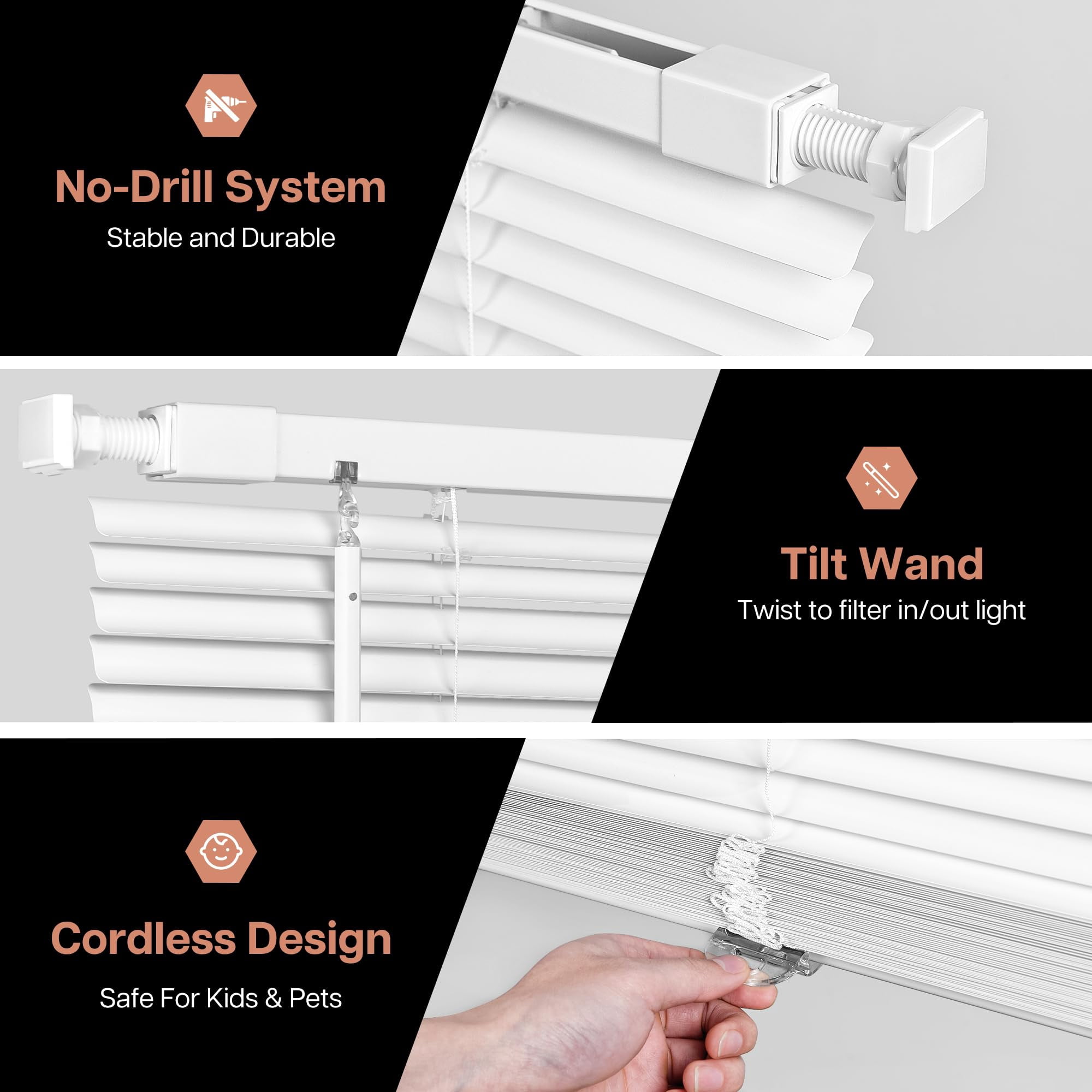 LazBlinds No Tools No Drill Cordless 1" Vinyl Mini Blinds, 100% Privacy S-Curve Blinds for Indoor Windows, Room Darkening Horizontal Window Blinds and Shades for Home, 25" W x 64" H, White