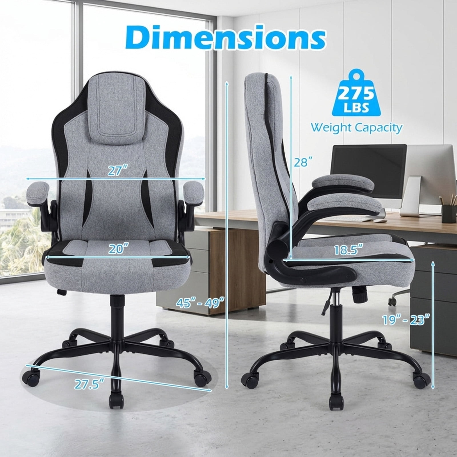 Furnibear Ergonomic Office Chair High Back Executive Desk Chair with Flip-up Armrests, Headrest, Lumbar Support, Computer Chair for Home Office, Gray