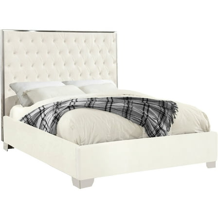 Velvet Upholstered Bed - Victorian Modern Queen Bed with Deep Tufting & Chrome Legs - White Bedroom Furniture