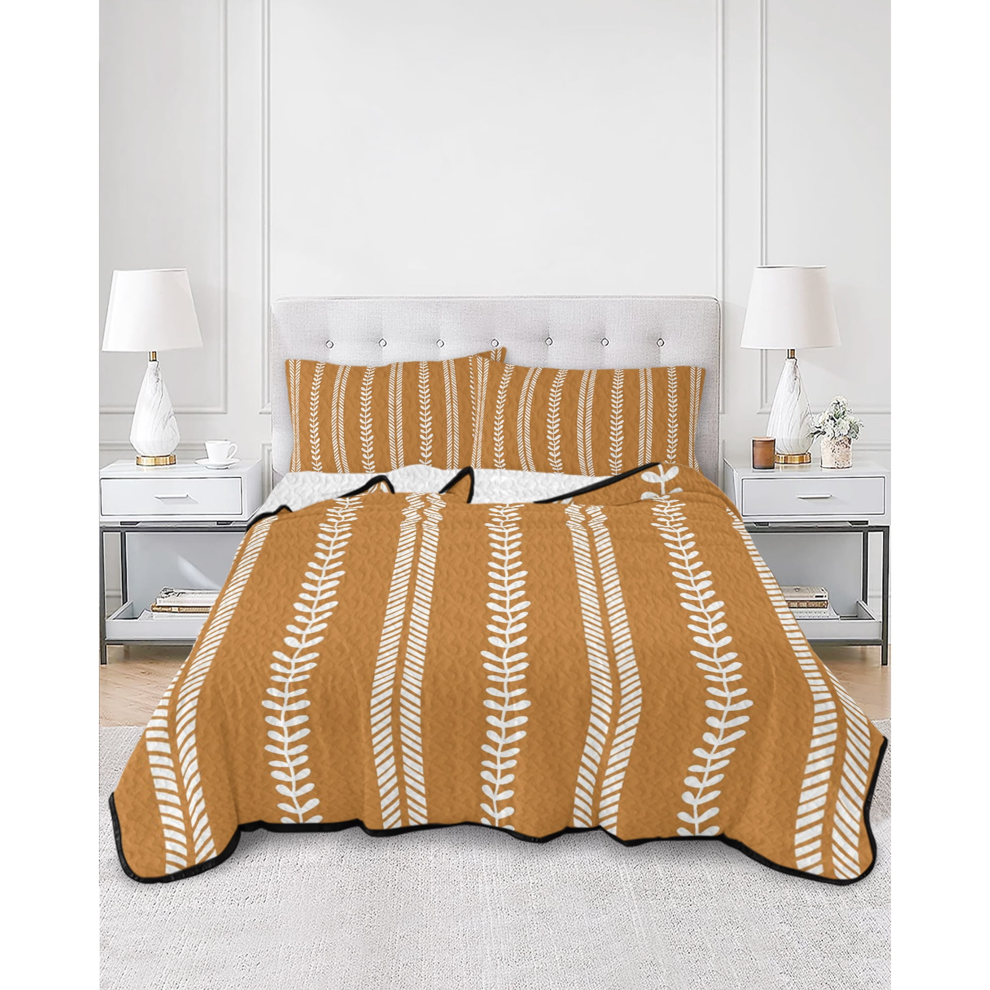 Quilts Queen Size Boho Leaves Soft Comforter Bedding Set for Bed Burnt Orange Abstract Farmhouse Retro Stripes Lightweight Quilted Bedspread with Pillow Cover(2 Pieces) for All Season 90x96 Inch