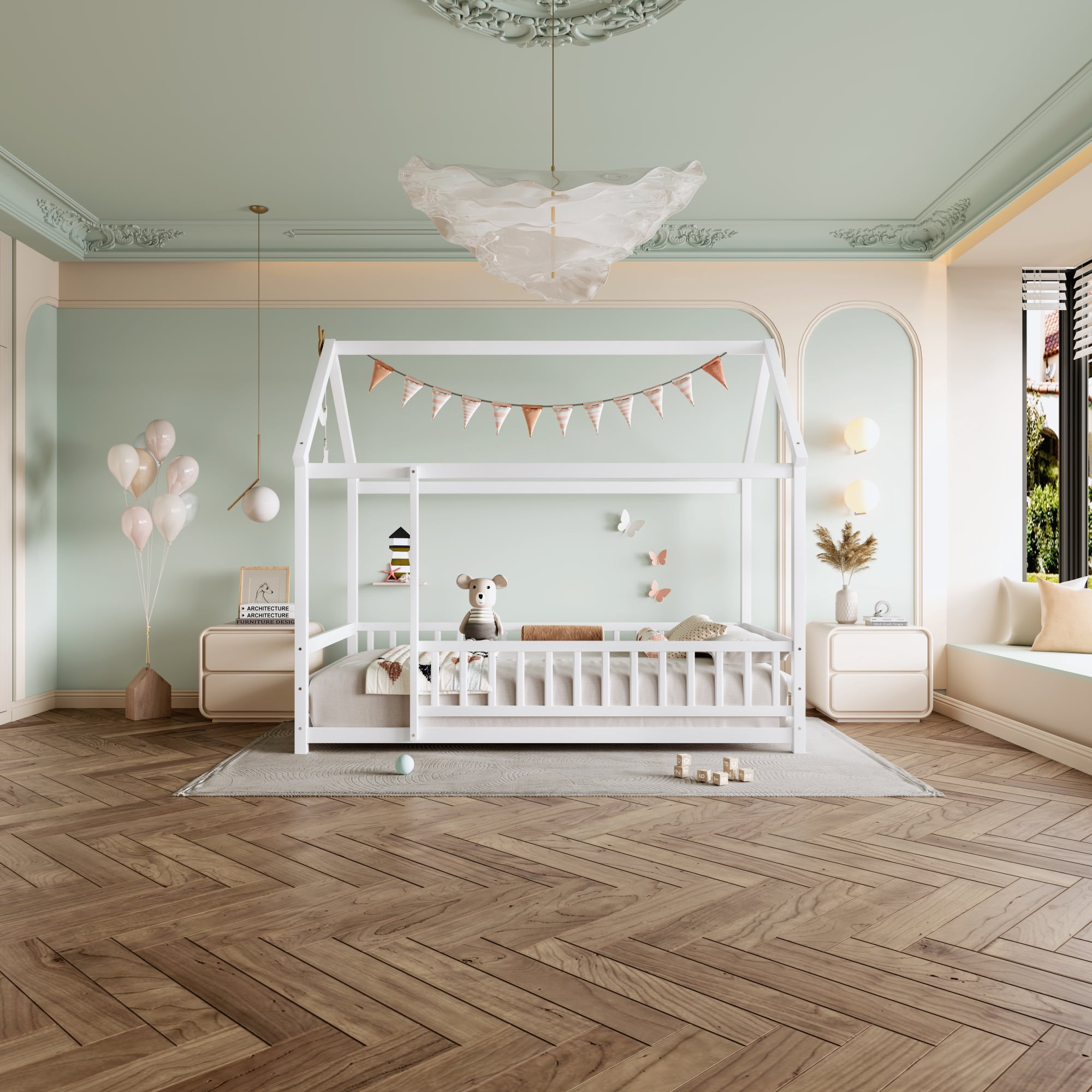 Leumius Twin Size Floor Bed with House Roof Frame, Fence Guardrails Montessori Floor Bed for Boys Girls White