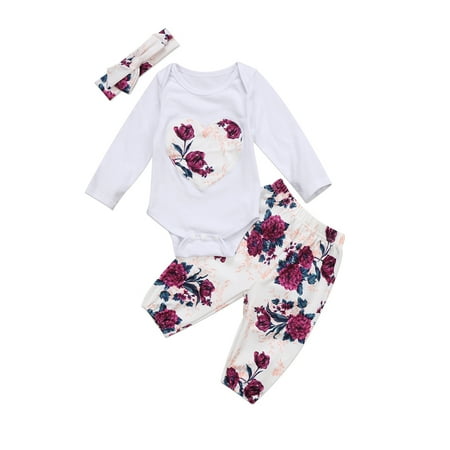 

Baby Girls 3PCS Outfit Set Long Sleeve Floral Button Closure Romper Long Printed Elastic Band Pant Bow Hair Band Clothing
