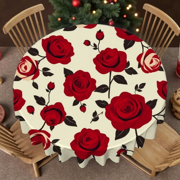 RKSupls Round Tablecloth - Red Rose Floral Microfiber Table Cover - Soft, Stain Resistant & Washable Decor for Wedding, Party, Holiday, Home Dining, 60x60inch