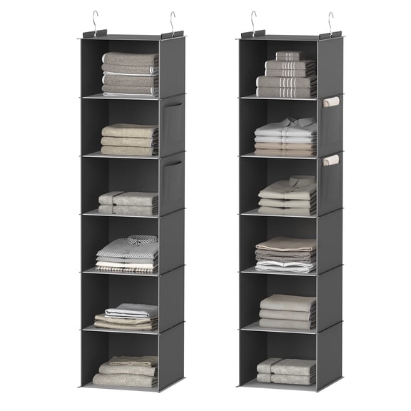 XUEYU Hanging Closet Organizer, 2 Pack Closet Hanging Storage Shelves with Bamboo Inserts, 6-Shelf Sturdy Hook Closet Organizers and Storage W/ 2 Side Pockets,Foldable Closet Storage for Bedroom,Gray