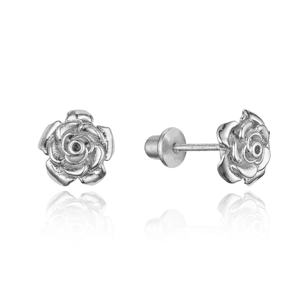 Sterling Silver Rhodium Plated Rose Flower Cubic Zirconia Screwback Baby Girls Earrings