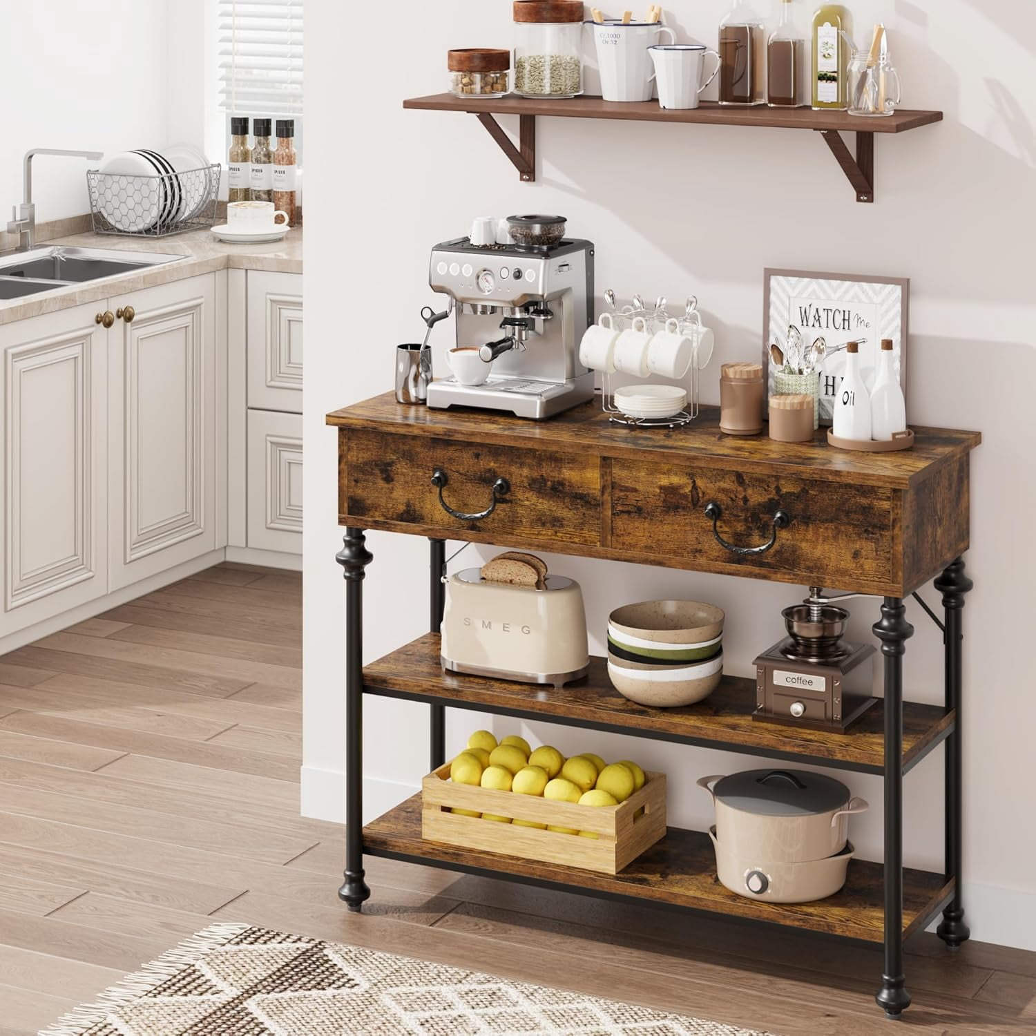 Find What You Love Console Tables for Entryway, Small Entryway Table with 2 Drawers, Narrow Console Table with Storage Shelves for Living Room, Hallway Table, Sofa Table, Rustic Brown