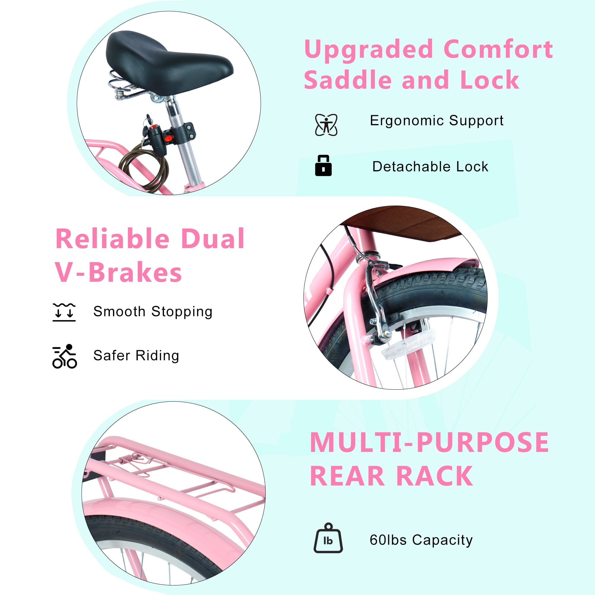 Raistyw 26" Women’s Cruiser Bikes, 7-Speed Lightweight City Commuter Bicycle with V-Brakes and Detachable Basket, Fits Ages 15+ Years Old, Pink