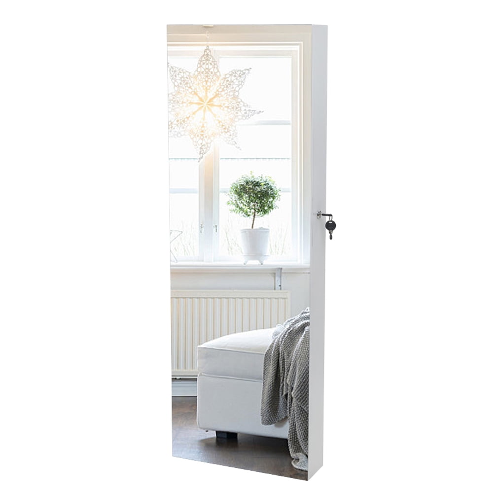 Kepooman 4-Layer LED Wall Door Mounted Jewelry Armoire Cabinet, Hanging Lockable Jewelry Organizer Box wirh Dressing Mirror, White Kepooman 4-Layer LED Wall Door Mounted Jewelry Armoire Cabinet, Hanging Lockable Jewelry Organizer Box wirh Dressing Mirror, White