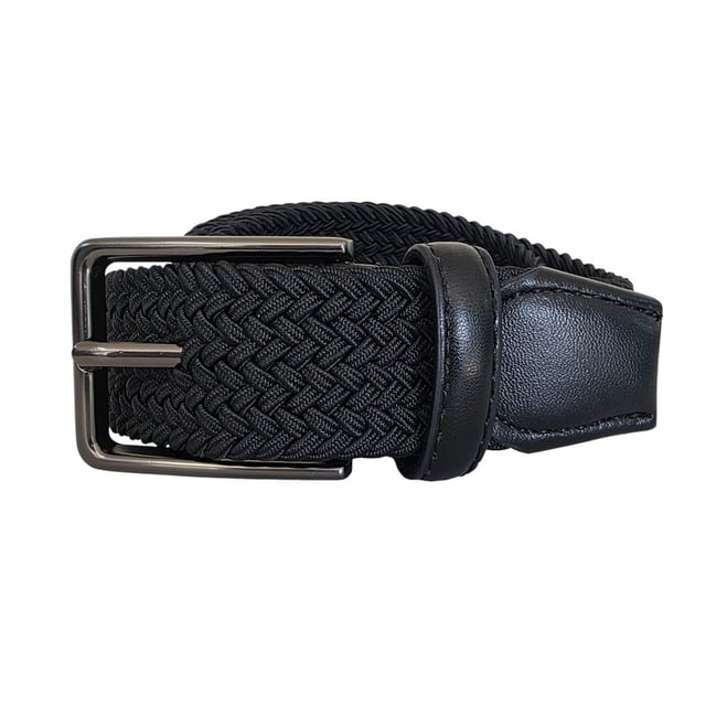 Ferrioni Cinturón Textil para Niño Elástico Trenzado Negro con Piel 29 mm