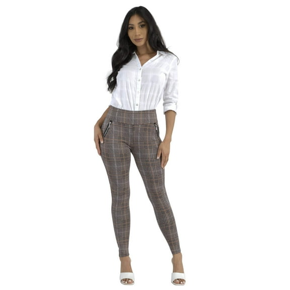 Tregging Skinny Pants With Zipper Pockets - Khaki, Black, Camel Plaid