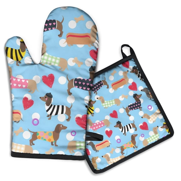 Colorful Funny Dachshund Kitchen Oven Mitt and Pot Holder Sets 2 Pcs for Baking, Cooking and Grilling, Heat Resistant Up To 392 °F