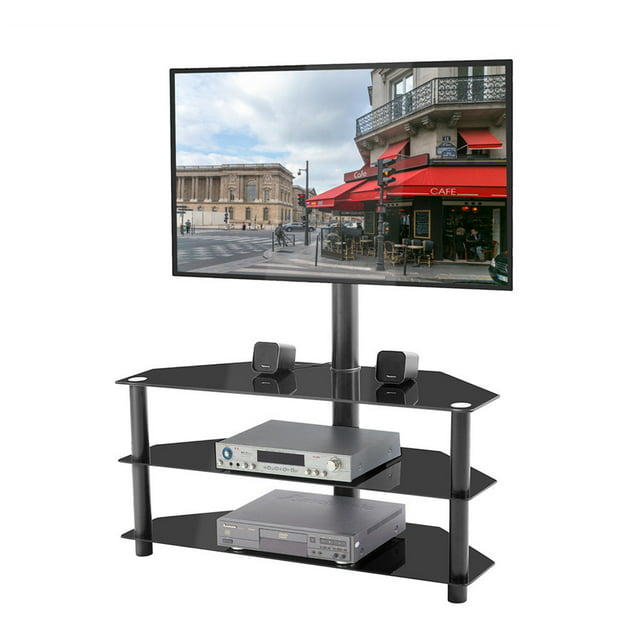 32”-65” Floor TV Stand With 3 Tiers Open Shelves Height and Angle Adjustable Universal TV Stand Free Standing Swivel TV Cart for Home Office Black