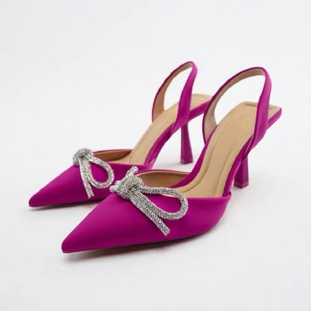 

Women Elegant Heel Rhinestone Bow Pumps Shoes Sling Back Pointed Closed Toe Dress Sandal Shoe Stiletto Heels