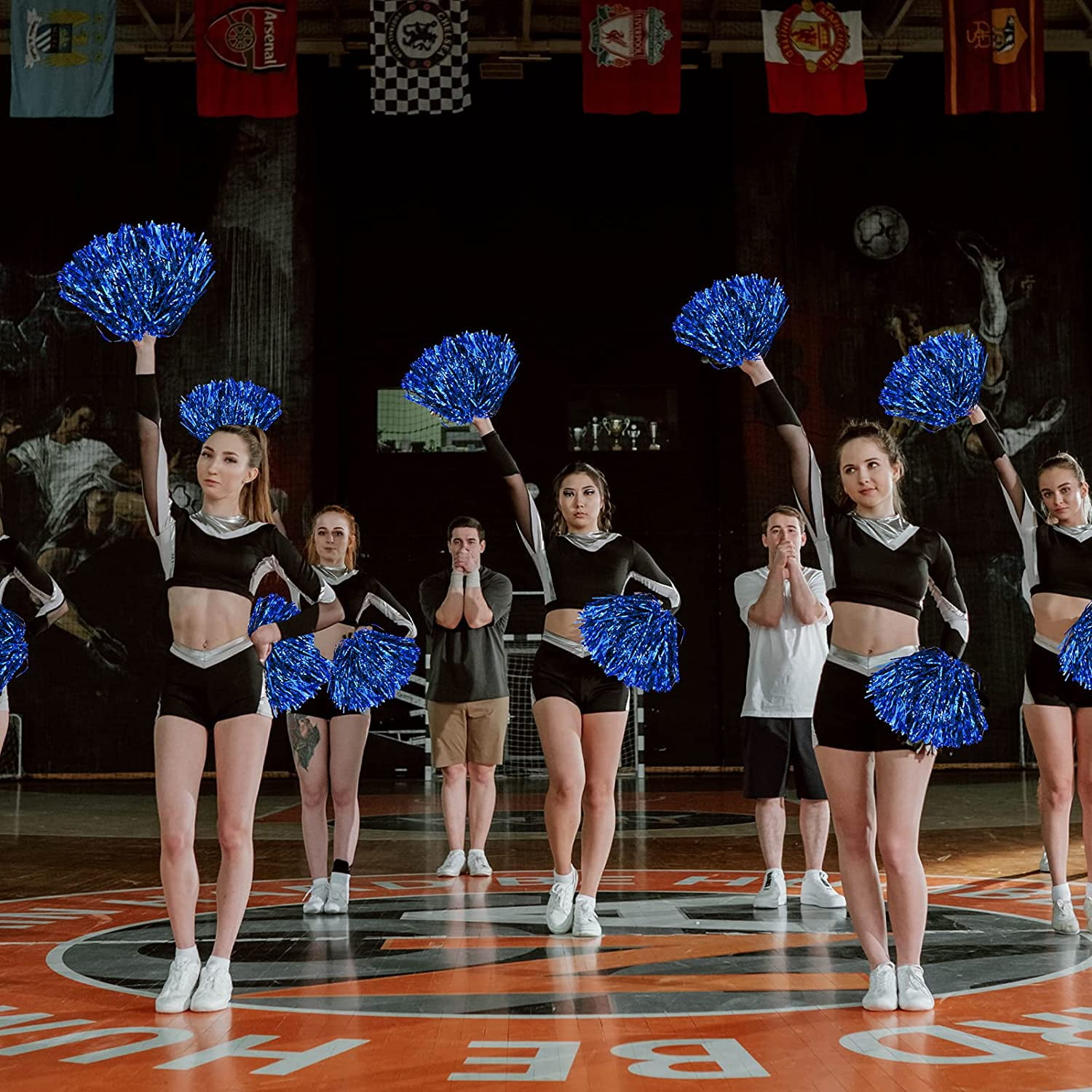 LINLIN 12Pcs Metallic Cheerleading Pom Poms with Cozy Handle, Adorable Cheerleader Pompoms Hand Flowers for Kids Adults Ball Dance Sports Team Spirit Cheering Fancy Dress Night Party