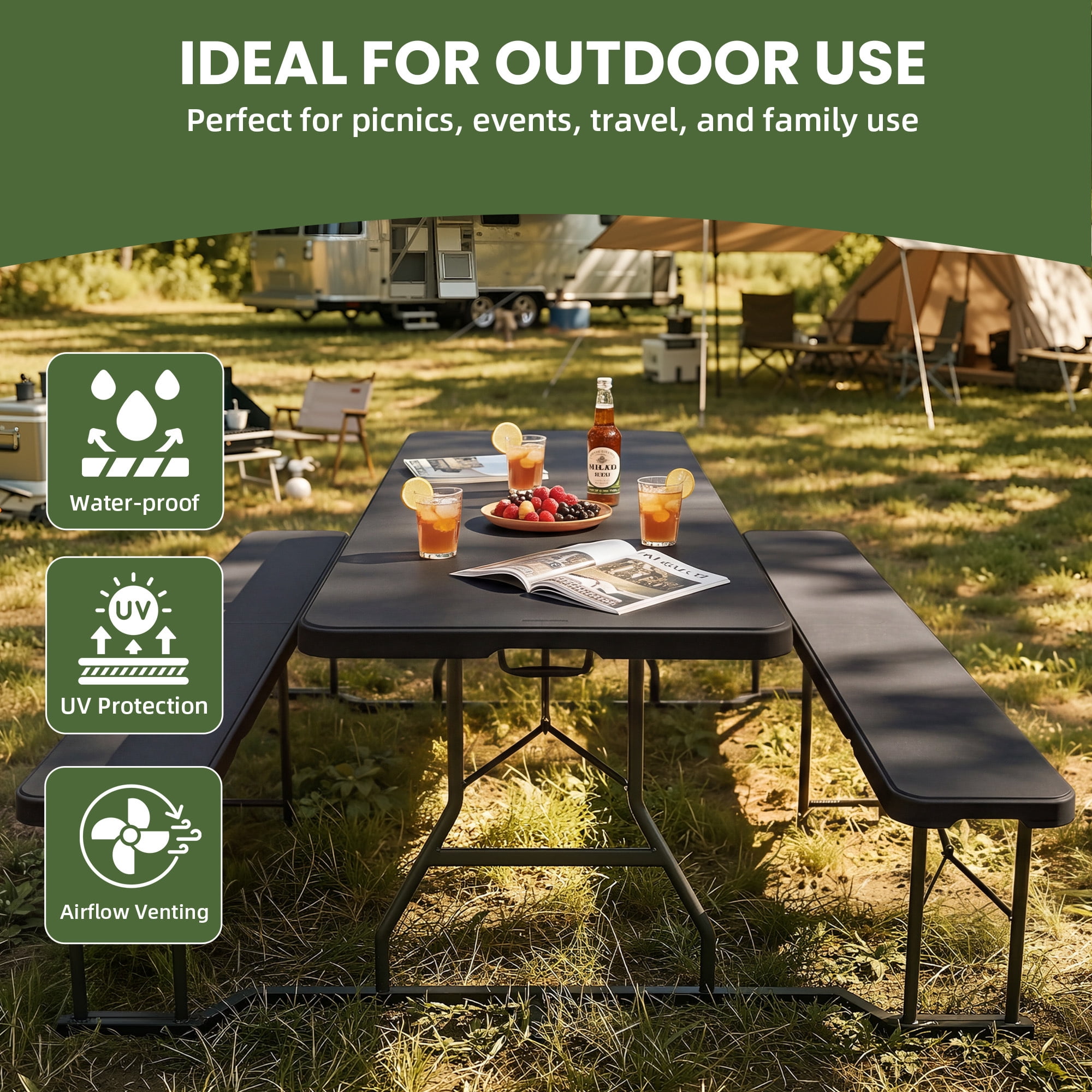 Uforic 6 Ft Folding Picnic Table with Attached Benches, Portable Heavy Duty Outdoor Table with Center Lock & Non-Slip Feet, Black