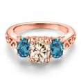 thumbnail image 3 of Gem Stone King 18K Rose Gold Plated Silver Peach Morganite and London Blue Topaz Filigree Style 3 Stone Ring for Women (2.20 Cttw, Oval 8X6MM and 6X4MM) (Size 8), 3 of 6