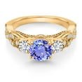 thumbnail image 2 of Gem Stone King 18K Yellow Gold Plated Silver Blue Tanzanite White Lab Grown Diamond and White Moissanite Engagement Ring for Women (1.37 Cttw, Gemstone December Birthstone, Round 6MM and 3MM, Size 7), 2 of 4
