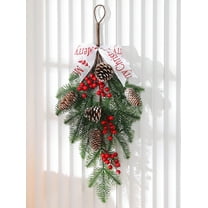 laqbezok Christmas Swag with Red Berries and Pine Cones, Festive Holiday Decoration with 'Merry Christmas' Ribbon, Perfect for Front Door and Wall Decor