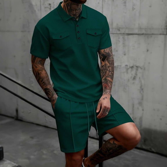 Yaoyar Mens Waffle Button Down Shirts Set Casual Short Sleeve Plaid Contrast Dress Shirt with Pocket Summer Beach Vacation Shirt