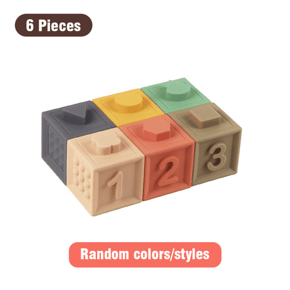Rubber Blocks for Toddlers 6Pieces Silicone Stacking Blocks with Numbers Animals Shapes for Boys Girls Early Education Teethers Sensory Toys