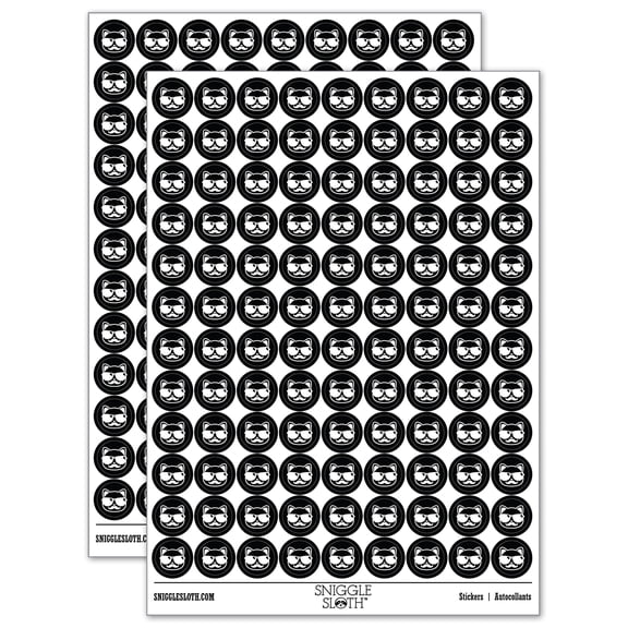 Cool Cat with Sunglasses and Mustache 200  Round Stickers - Black - Gloss Finish - 0.50" Size