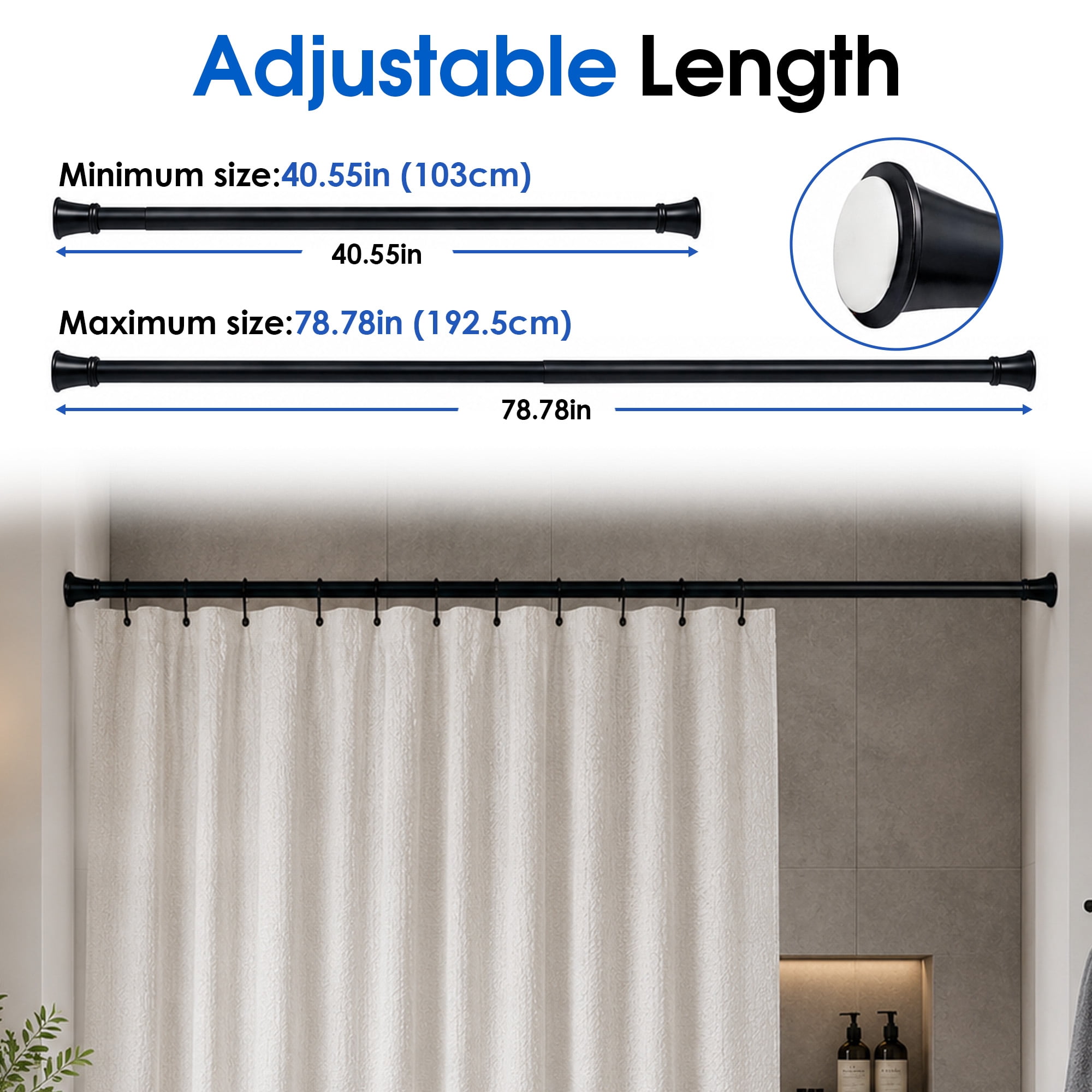 41-78 Inch Adjustable Shower Tension Curtain Rod, No Drill Spring Tension Rod, Non‑Slip Shower Curtain Pole, No‑Drill Hanging Rod for Bathroom Partition, Bedroom Window Curtains, Wardrobe Closet