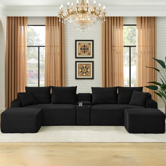 Aukfa 127" U Shaped Cloud Sectional Sofa Modular Boneless Couch with USB&Cupholdes Storage Console for Living Room, Corduroy, Black