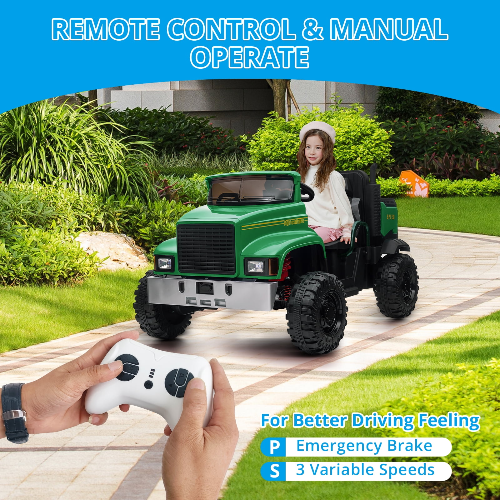 Yesfashion 12V Ride on Car 7AH *2 Farm Ride on Truck UTV Vehicles with 4x200W Motors ATV,Spring Suspension,3 Speeds,2 Seater Ride on Toys Green
