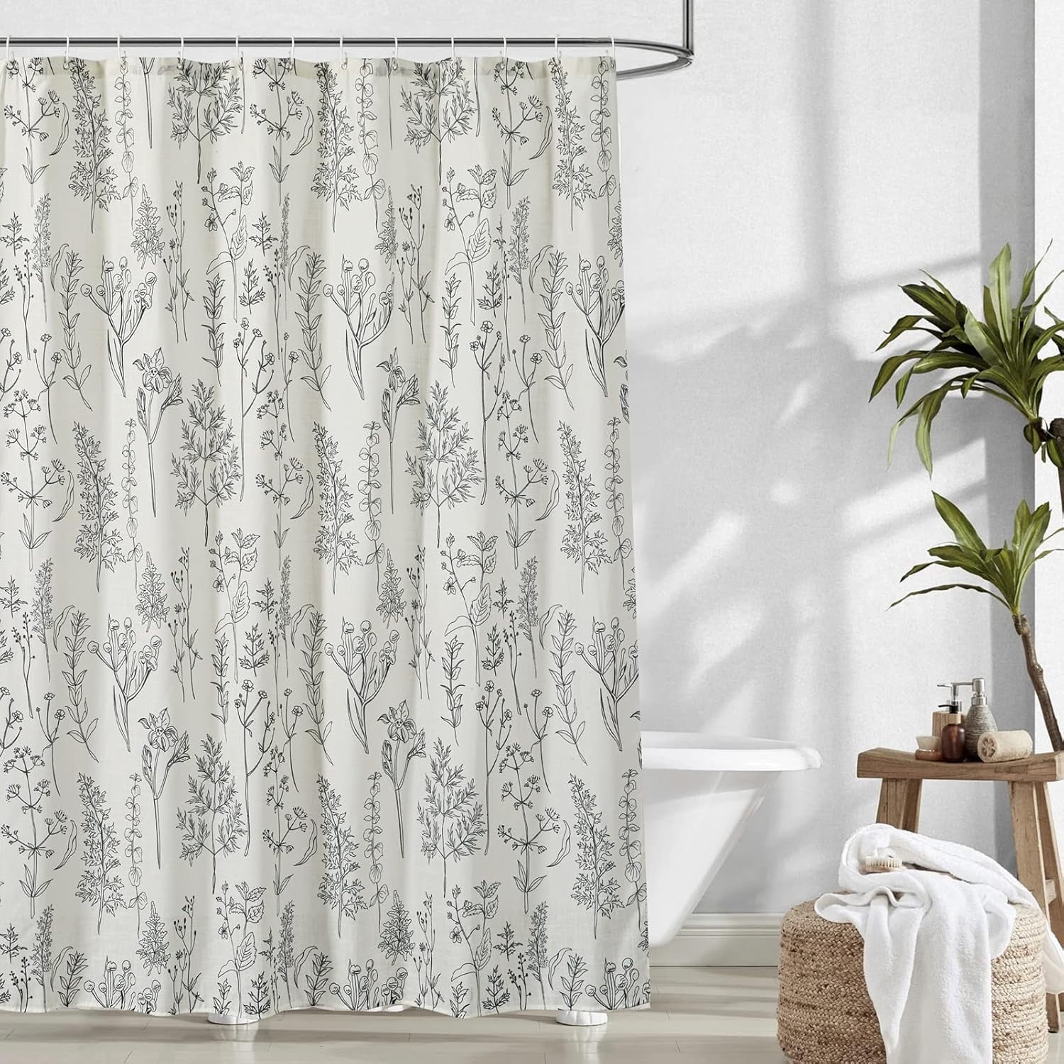 Vintage Botanical Linen Shower Curtain for Bathroom in Black and White, Heavy Duty 180GSM Textured Fabric Shower Curtain Set Cute Plant Leaves Design, Modern Farmhosue Boho Floral Bathroom Decor