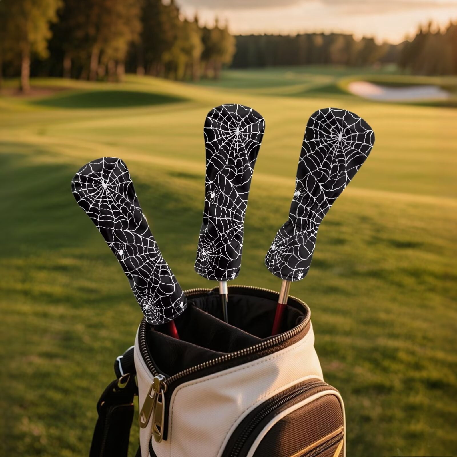 Uorisanigo Golf Club Head Covers, Halloween Spider Web Print Driver Cover Fariway Wood Headcovers Hybrid Head Covers 3/5 Wood Headcover Leather Headcovers for Club Protective