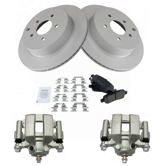 TRQ Rear Brake Pad & Rotor Kit Brake Caliper Brake Pads Brake Rotor Ceramic Vented Premium G-Coated Fits Select 2003-2007 Nissan Murano 2004-2009 Quest