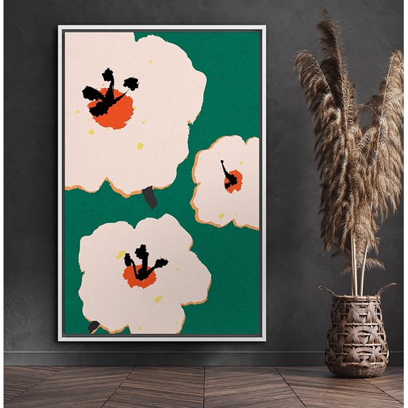PixonSign Framed Canvas Print Wall Art White & Orange Flower Print Nature Wilderness Illustrations Modern Art Contemporary Colorful Multicolor for Living Room, Bedroom, Office - 24x36 White