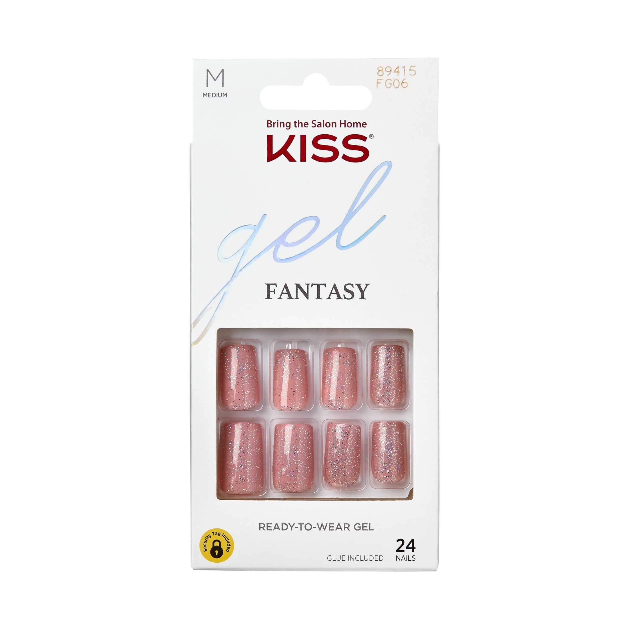 (4 pack) KISS Gel Fantasy Medium Square Glue-On Nails, Glossy Medium Pink, 28 pieces