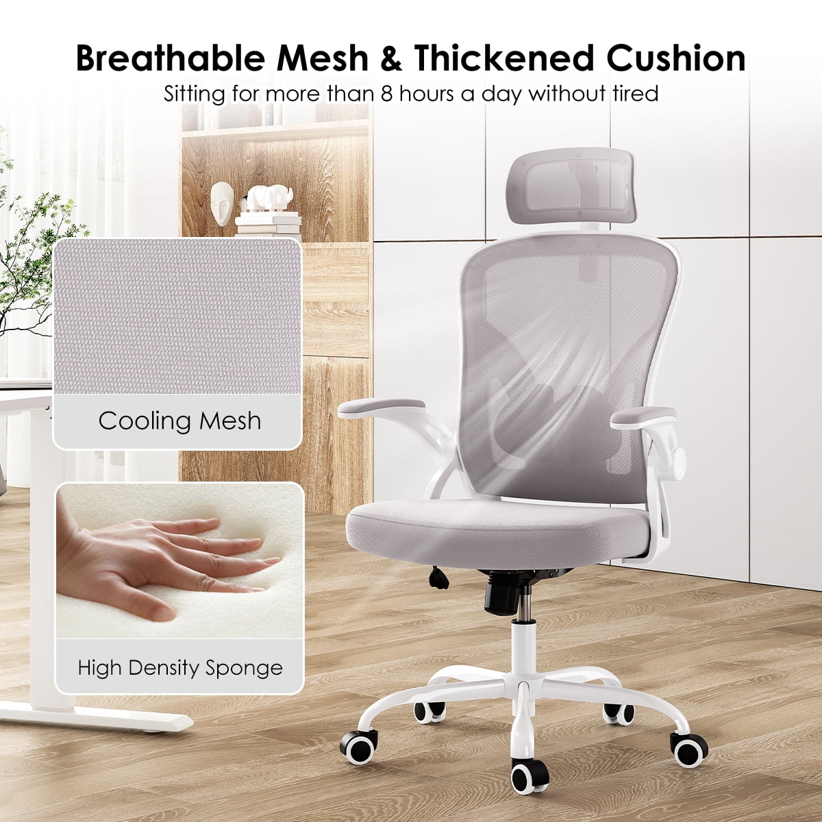 High Back Ergonomic Office Chair with Headrest, White & Gray Adjustable Lumbar Support Computer Desk Chair, Comfortable Armrest Task Chair for Home Office Study Room