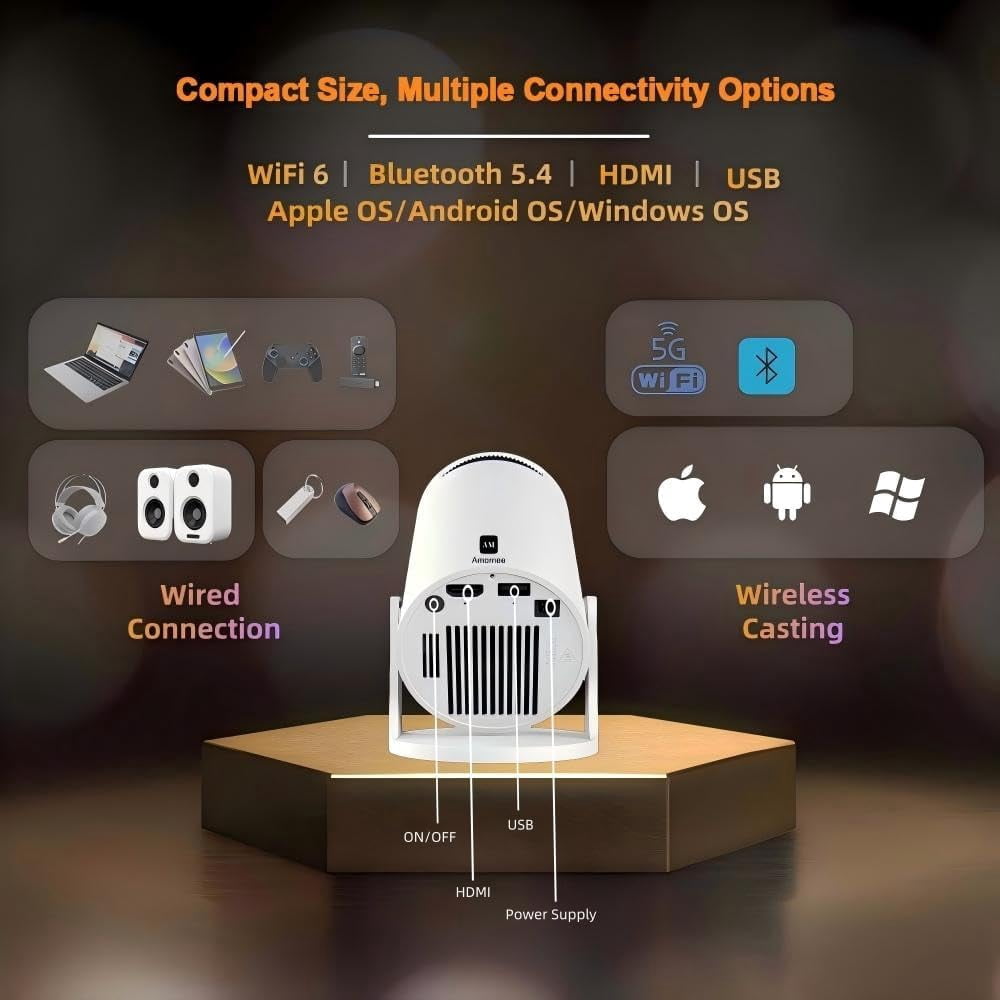 Short Throw Projector with WiFi  Android 11 Auto  Portable  Projector for Bedroom Outdoor Ceiling Wall