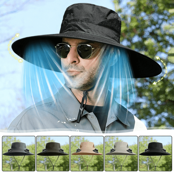Hyknon Solar Sun Hat with Two Fans for Women Men Breathable Wide Brim Cooling Bucket Hat Gray UV Protection Solar Powered Fishing Hat for Hiking Camping Outdoor USB Charging