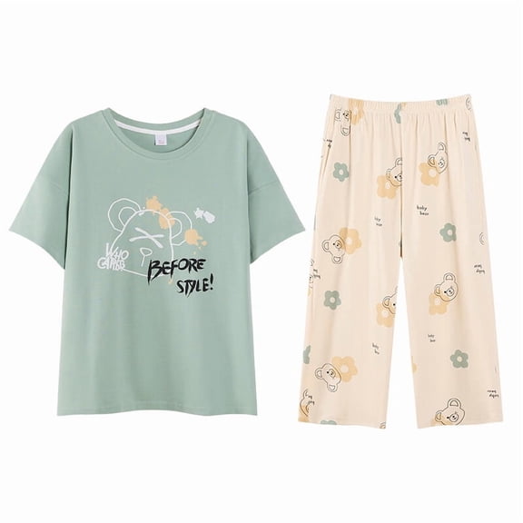 100% Cotton Women Capri Pajama Set 2 Pcs Short Sleeve Top Capris pants Sleepwear