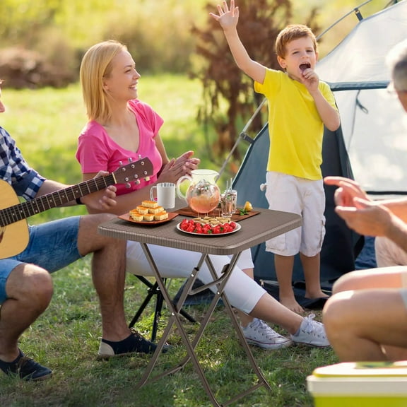 Auranook Rattan Textured Folding Picnic Table, 4-Person Square Patio Dining Table w/HDPE Tabletop, Metal Frame, Portable Indoor Outdoor Table